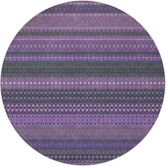 8' Round Purple Round Striped Washable Non Skid Indoor Outdoor Area Rug Photo 4