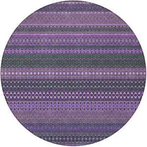 Photo of 8' Round Purple Round Striped Washable Non Skid Indoor Outdoor Area Rug