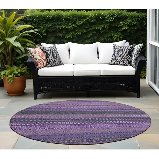 8' Round Purple Round Striped Washable Non Skid Indoor Outdoor Area Rug Photo 1