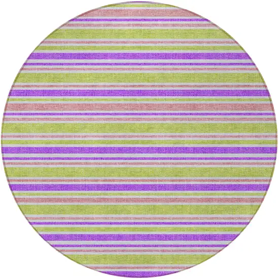 8' Round Purple Round Striped Washable Non Skid Indoor Outdoor Area Rug Photo 2