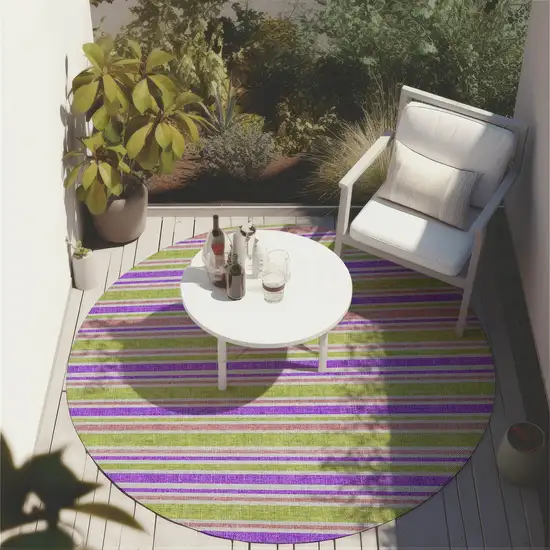 Purple Green and Pink Round Striped Washable Non Skid Indoor Outdoor Area Rug Photo 6