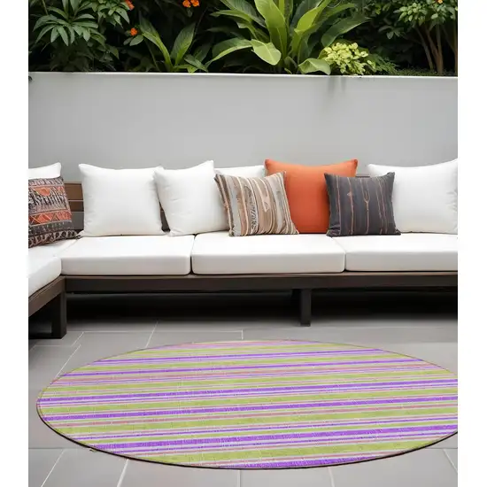 Purple Green and Pink Round Striped Washable Non Skid Indoor Outdoor Area Rug Photo 1