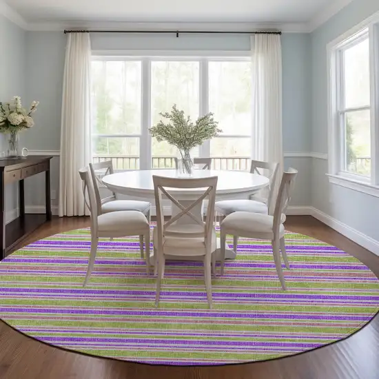 Purple Green and Pink Round Striped Washable Non Skid Indoor Outdoor Area Rug Photo 7