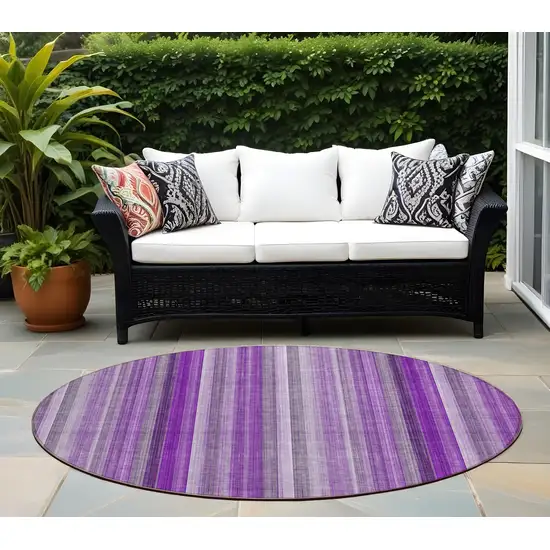 8' Round Purple Round Striped Washable Non Skid Indoor Outdoor Area Rug Photo 1