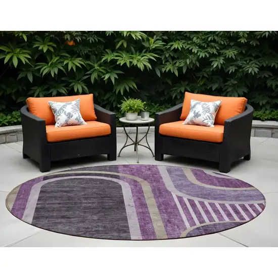 Purple and Black Round Abstract Washable Indoor Outdoor Area Rug Photo 1