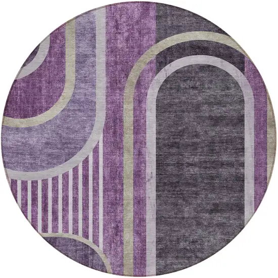 8' Round Purple and Black Round Abstract Washable Non Skid Indoor Outdoor Area Rug Photo 2