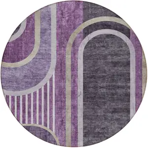 Photo of 8' Round Purple and Black Round Abstract Washable Non Skid Indoor Outdoor Area Rug