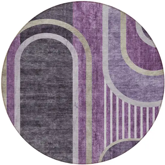 Purple and Black Round Abstract Washable Indoor Outdoor Area Rug Photo 2