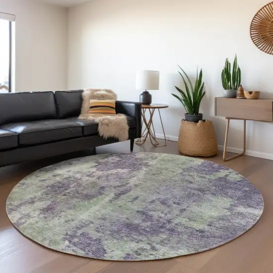 Purple and Green Round Abstract Washable Non Skid Indoor Outdoor Area Rug Photo 9