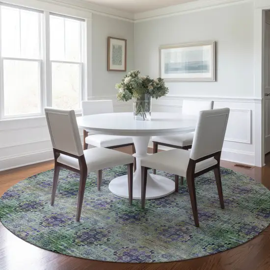 Purple and Green Round Floral Medallion Washable Non Skid Indoor Outdoor Area Rug Photo 6