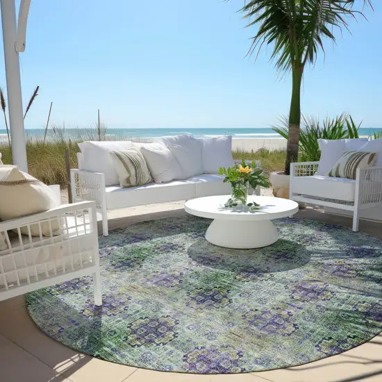 8' Round Purple and Green Round Floral Medallion Washable Non Skid Indoor Outdoor Area Rug Photo 5