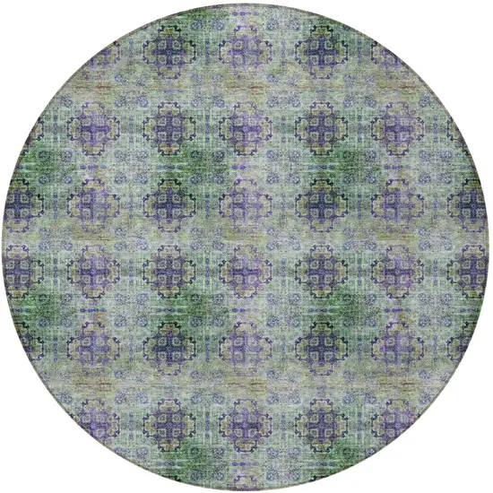 Purple and Green Round Floral Medallion Washable Non Skid Indoor Outdoor Area Rug Photo 6