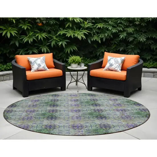 Purple and Green Round Floral Medallion Washable Non Skid Indoor Outdoor Area Rug Photo 1