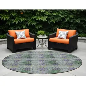 Photo of 8' Round Purple and Green Round Floral Medallion Washable Non Skid Indoor Outdoor Area Rug