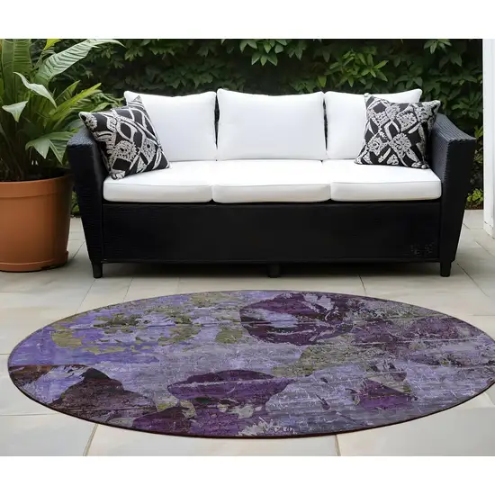 8' Round Purple and Green Round Floral Washable Non Skid Indoor Outdoor Area Rug Photo 1