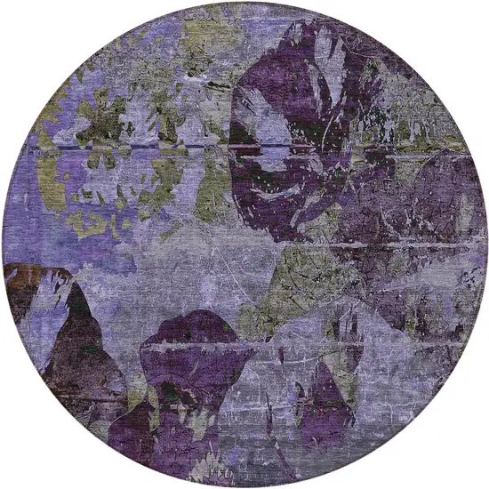 8' Round Purple and Green Round Floral Washable Non Skid Indoor Outdoor Area Rug Photo 2