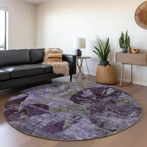 Photo of 8' Round Purple and Green Round Floral Washable Non Skid Indoor Outdoor Area Rug