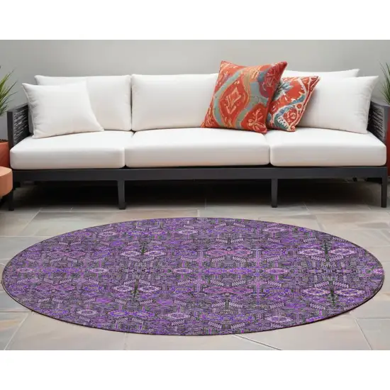 Purple and Green Round Floral Washable Non Skid Indoor Outdoor Area Rug Photo 1