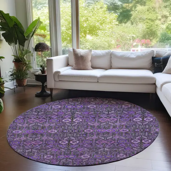 Purple and Green Round Floral Washable Non Skid Indoor Outdoor Area Rug Photo 9