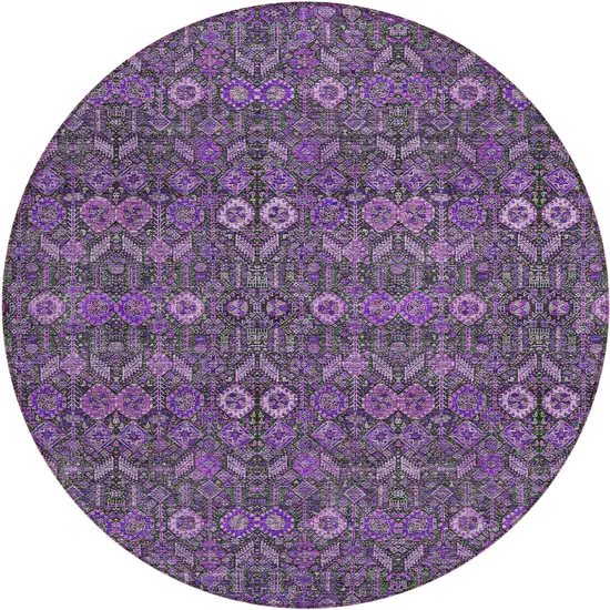 8' Round Purple and Green Round Floral Washable Non Skid Indoor Outdoor Area Rug Photo 2