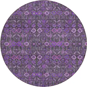 Photo of 8' Round Purple and Green Round Floral Washable Non Skid Indoor Outdoor Area Rug