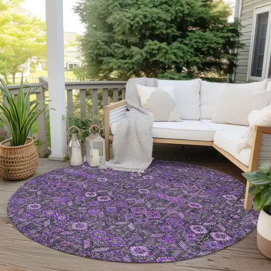 8' Round Purple and Green Round Floral Washable Non Skid Indoor Outdoor Area Rug Photo 8