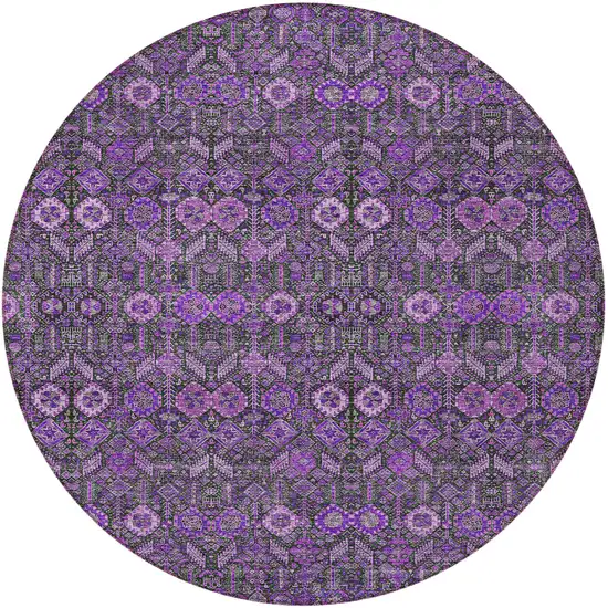 8' Round Purple and Green Round Floral Washable Non Skid Indoor Outdoor Area Rug Photo 4