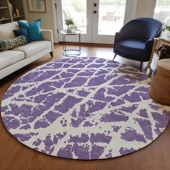 8' Round Purple and White Round Abstract Washable Non Skid Indoor Outdoor Area Rug Photo 9