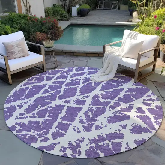 8' Round Purple and White Round Abstract Washable Non Skid Indoor Outdoor Area Rug Photo 8