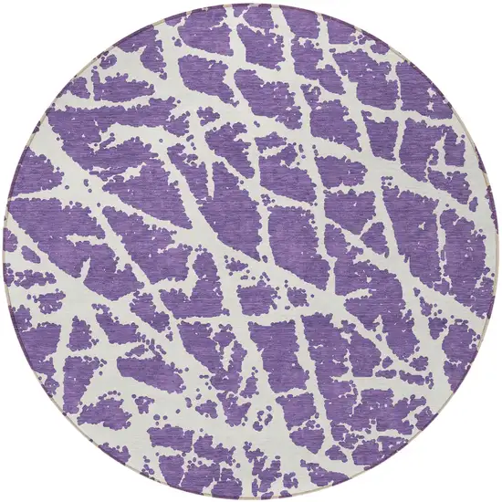 Purple and White Round Abstract Washable Non Skid Indoor Outdoor Area Rug Photo 5