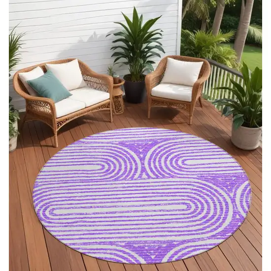 8' Round Purple and White Round Abstract Washable Non Skid Indoor Outdoor Area Rug Photo 1