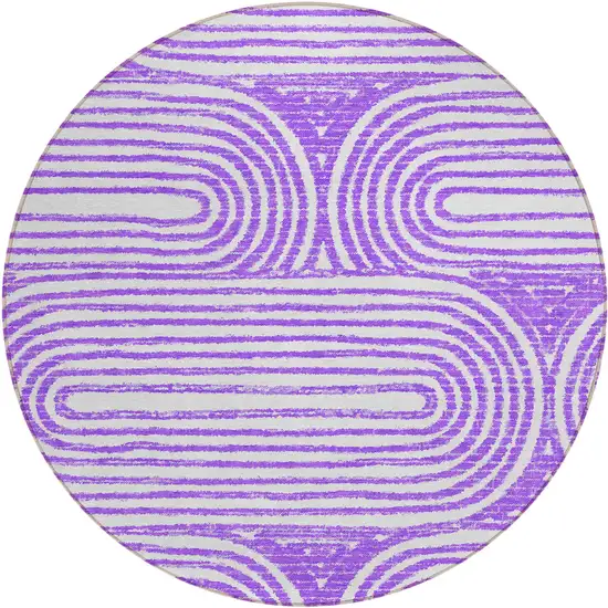 8' Round Purple and White Round Abstract Washable Non Skid Indoor Outdoor Area Rug Photo 2