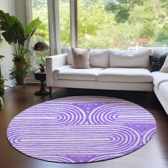 8' Round Purple and White Round Abstract Washable Non Skid Indoor Outdoor Area Rug Photo 9