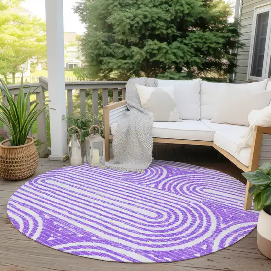 8' Round Purple and White Round Abstract Washable Non Skid Indoor Outdoor Area Rug Photo 8