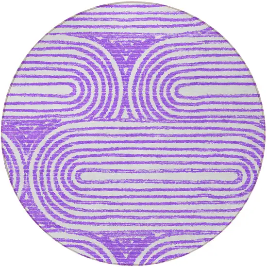 8' Round Purple and White Round Abstract Washable Non Skid Indoor Outdoor Area Rug Photo 4