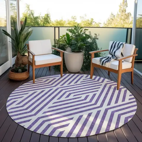 Purple and White Round Geometric Washable Non Skid Indoor Outdoor Area Rug Photo 8