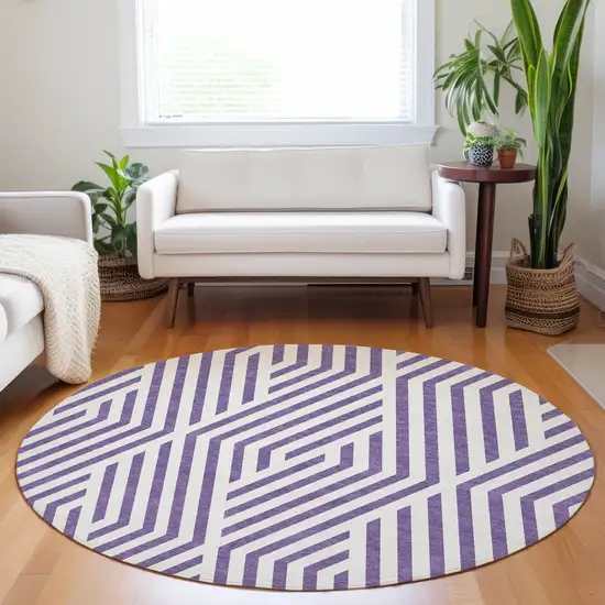 8' Round Purple and White Round Geometric Washable Non Skid Indoor Outdoor Area Rug Photo 9