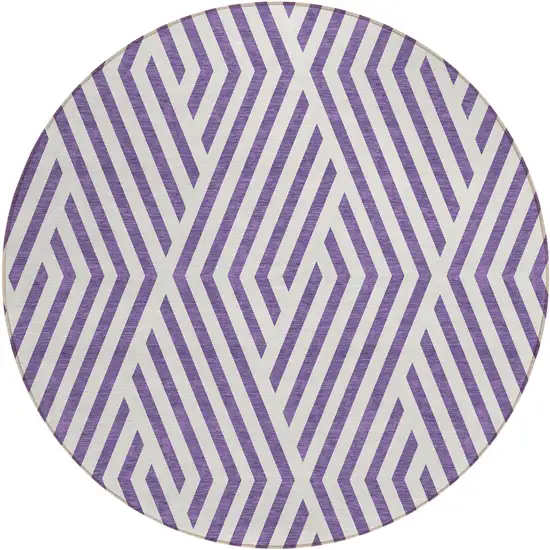 8' Round Purple and White Round Geometric Washable Non Skid Indoor Outdoor Area Rug Photo 2