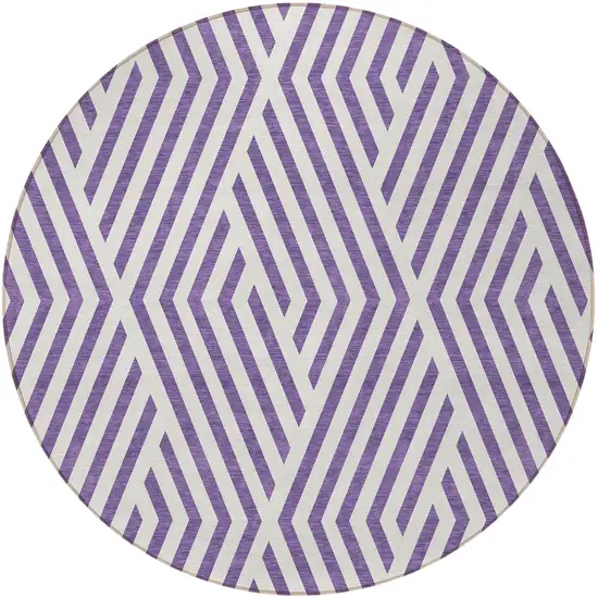 8' Round Purple and White Round Geometric Washable Non Skid Indoor Outdoor Area Rug Photo 5