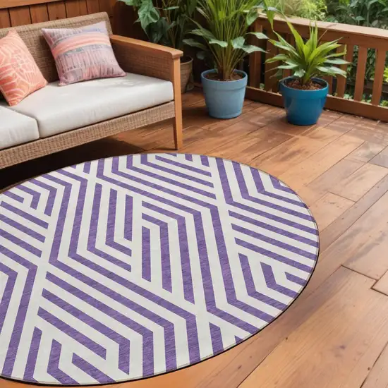 Purple and White Round Geometric Washable Non Skid Indoor Outdoor Area Rug Photo 1