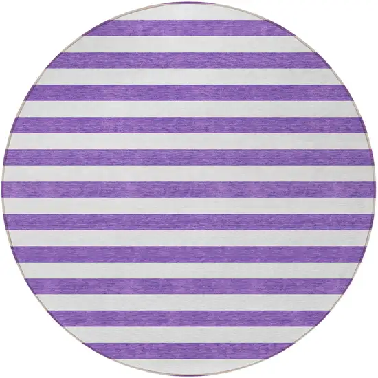 8' Round Purple and White Round Striped Washable Non Skid Indoor Outdoor Area Rug Photo 5