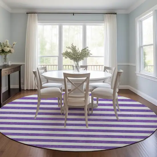 8' Round Purple and White Round Striped Washable Non Skid Indoor Outdoor Area Rug Photo 9