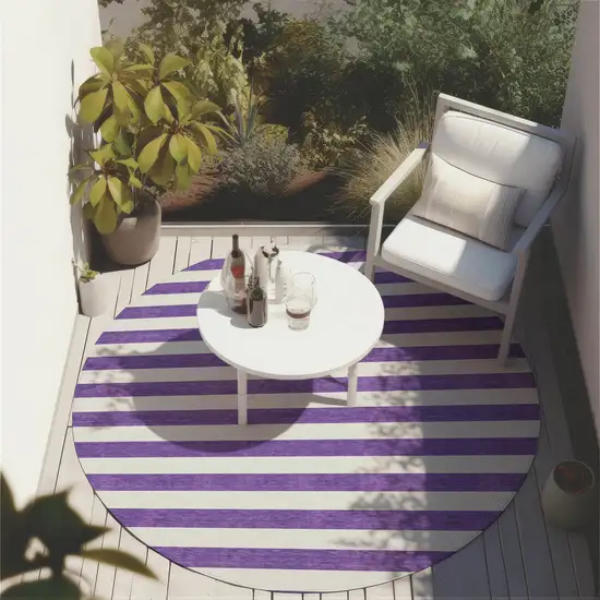 Purple and White Round Striped Washable Non Skid Indoor Outdoor Area Rug Photo 8