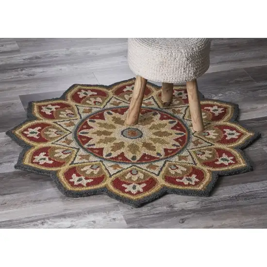 4' Round Red Decorative Petaled Edge Area Rug Photo 7