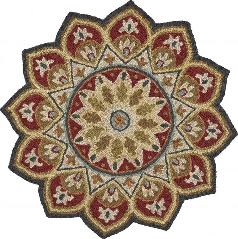 4' Round Red Decorative Petaled Edge Area Rug Photo 1