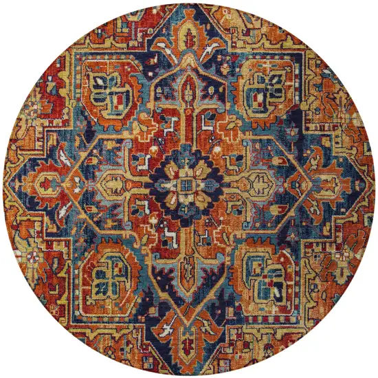 8' Round Red Orange and Blue Round Oriental Washable Non Skid Indoor Outdoor Area Rug Photo 5