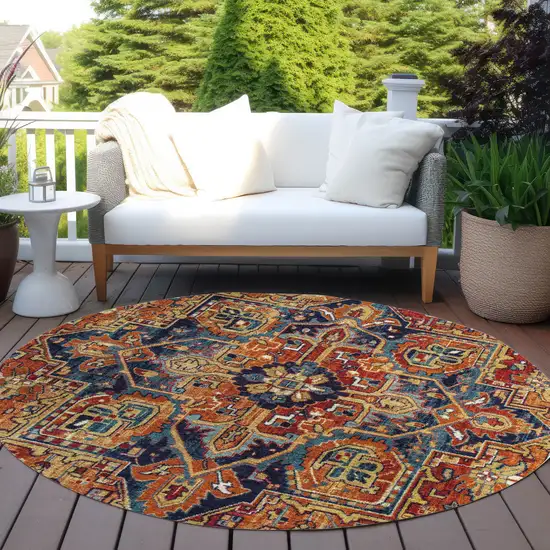 8' Round Red Orange and Blue Round Oriental Washable Non Skid Indoor Outdoor Area Rug Photo 9