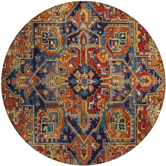 Red Orange and Blue Round Oriental Washable Non Skid Indoor Outdoor Area Rug Photo 2