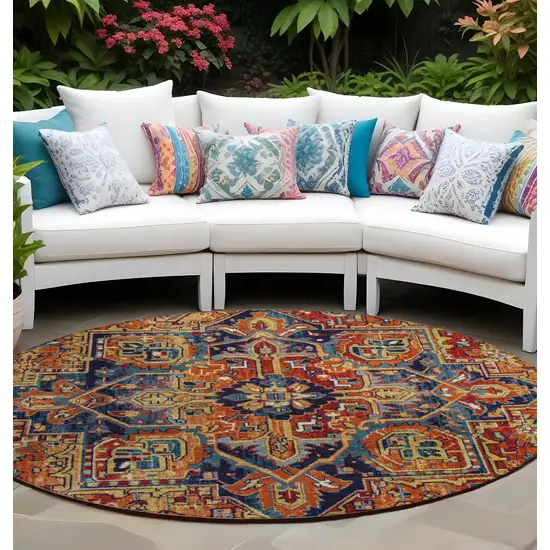 Red Orange and Blue Round Oriental Washable Non Skid Indoor Outdoor Area Rug Photo 1