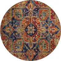 Photo of 8' Round Red Orange and Blue Round Oriental Washable Non Skid Indoor Outdoor Area Rug